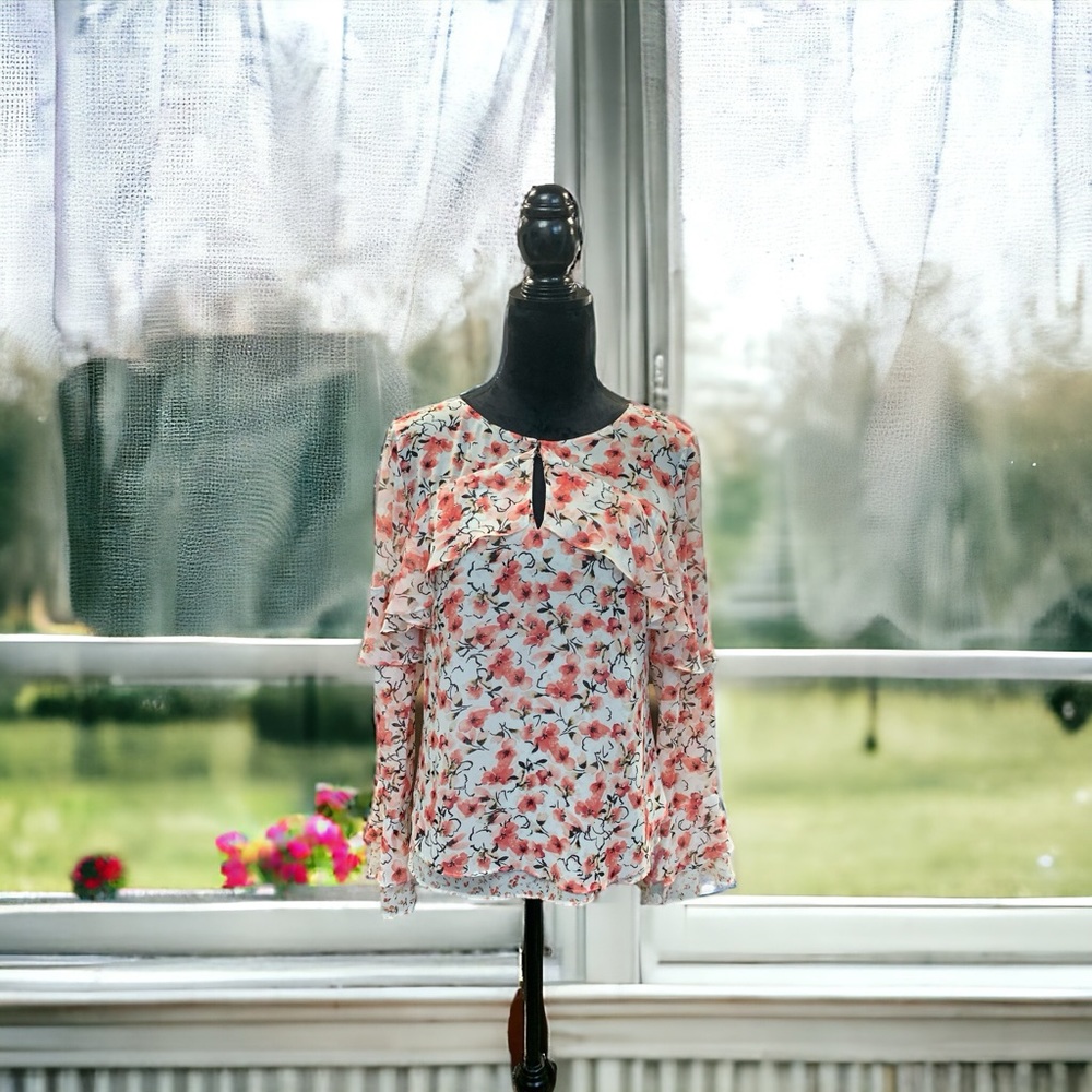 White House Black Market Floral Ruffle Long-Sleeve Blouse - White & Coral
